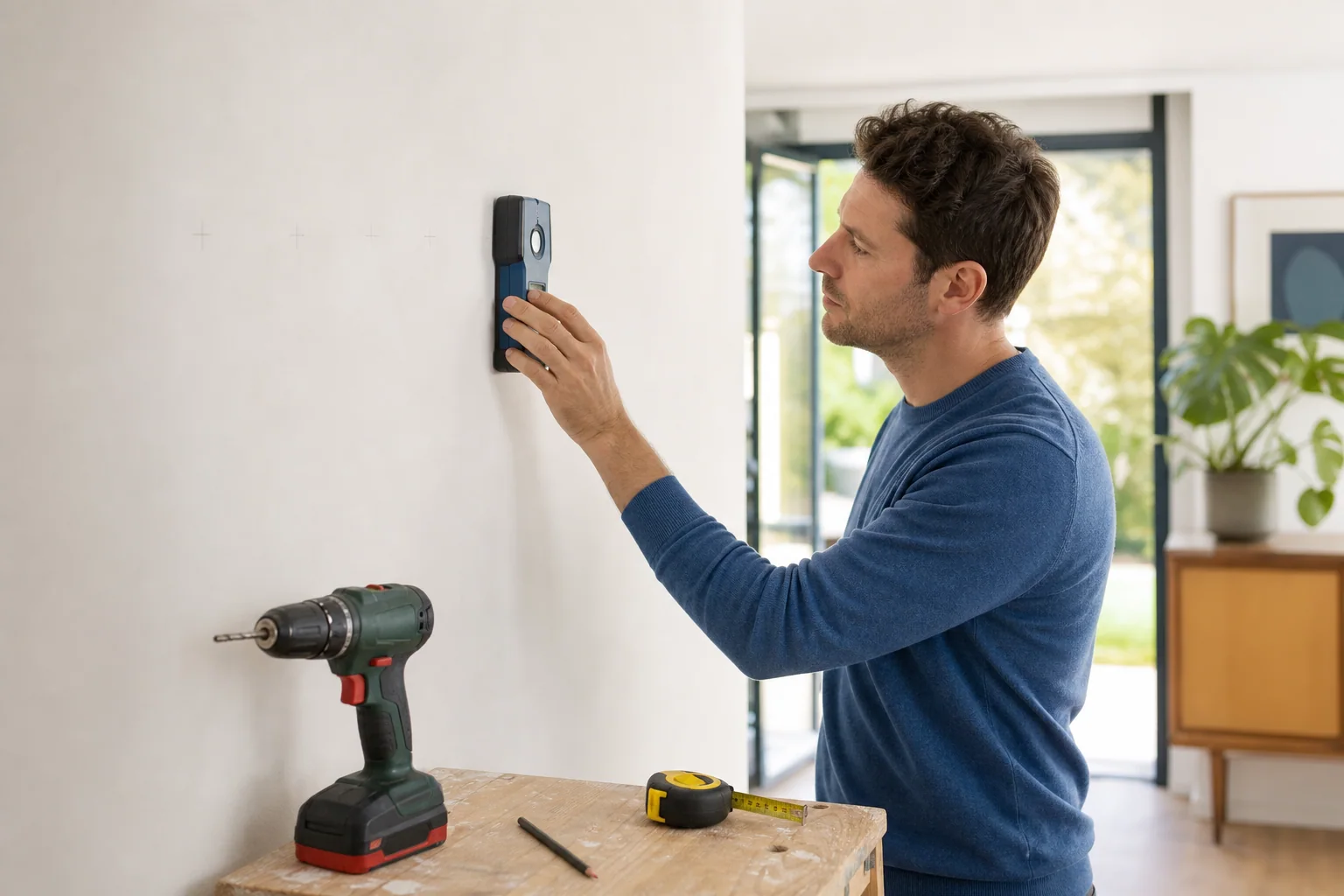 Wand controleren met een leidingzoeker voordat er wordt geboord
