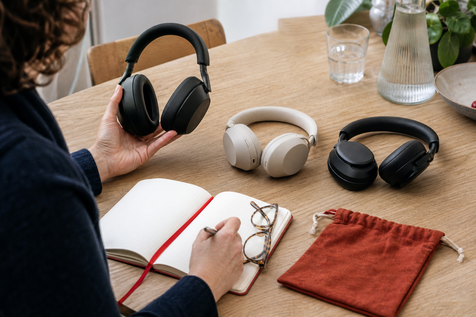 Persoon vergelijkt drie koptelefoons aan een houten tafel en maakt notities