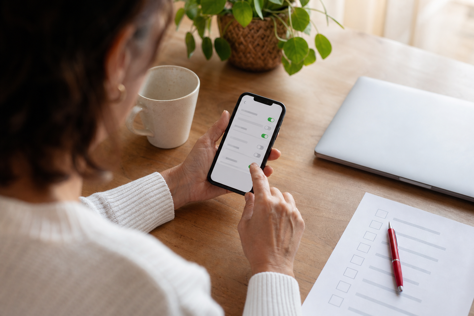 Persoon past instellingen aan op een smartphone naast een papieren checklist